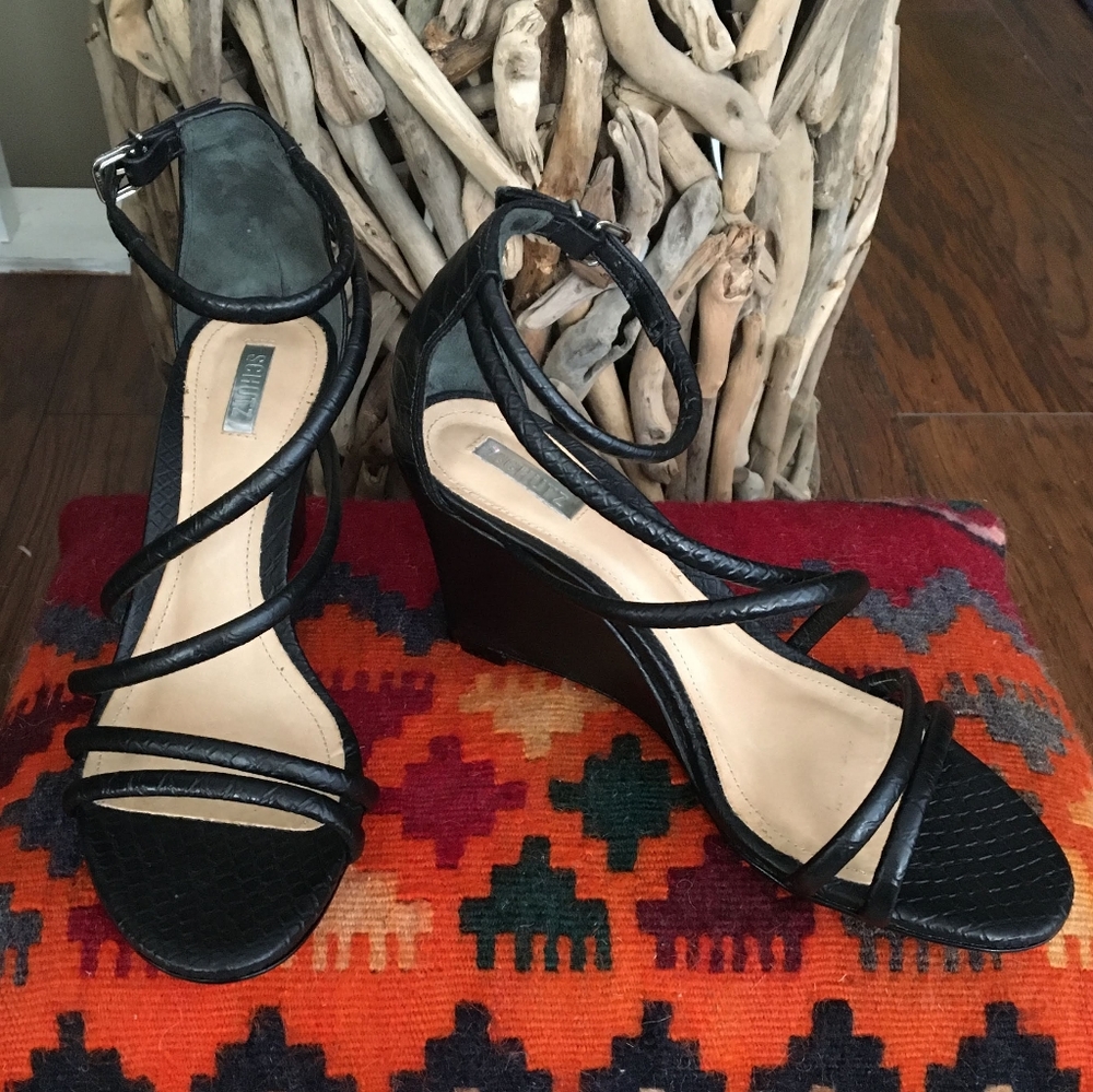 SCHUTZ black leather snakeskin texture strappy wedge heels sandals; Size 7.5